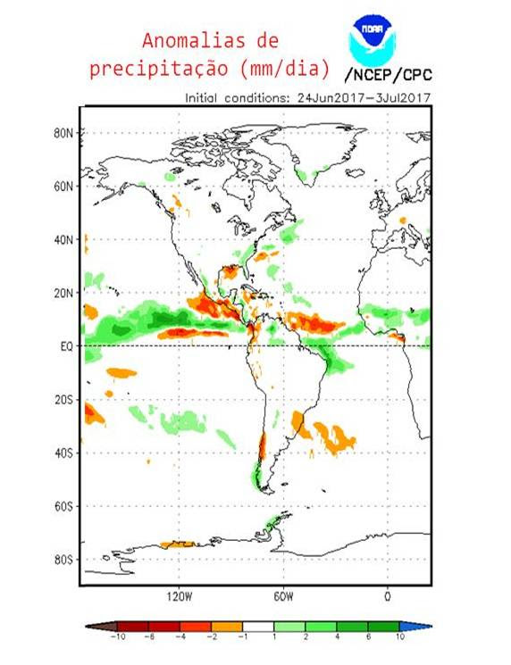 Figura 1. Anomalias de precipitação (mm/dia) previstas para o mês de julho de 2017, fornecidas pelo modelo CFSv2 do CPC/NOAA